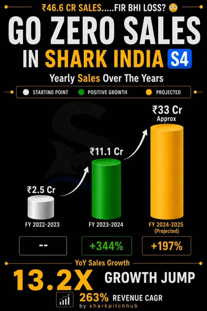 Go Zero Shark Tank India sales growth from ₹2.5 crore to projected ₹33 crore with 263% revenue CAGR analysis.